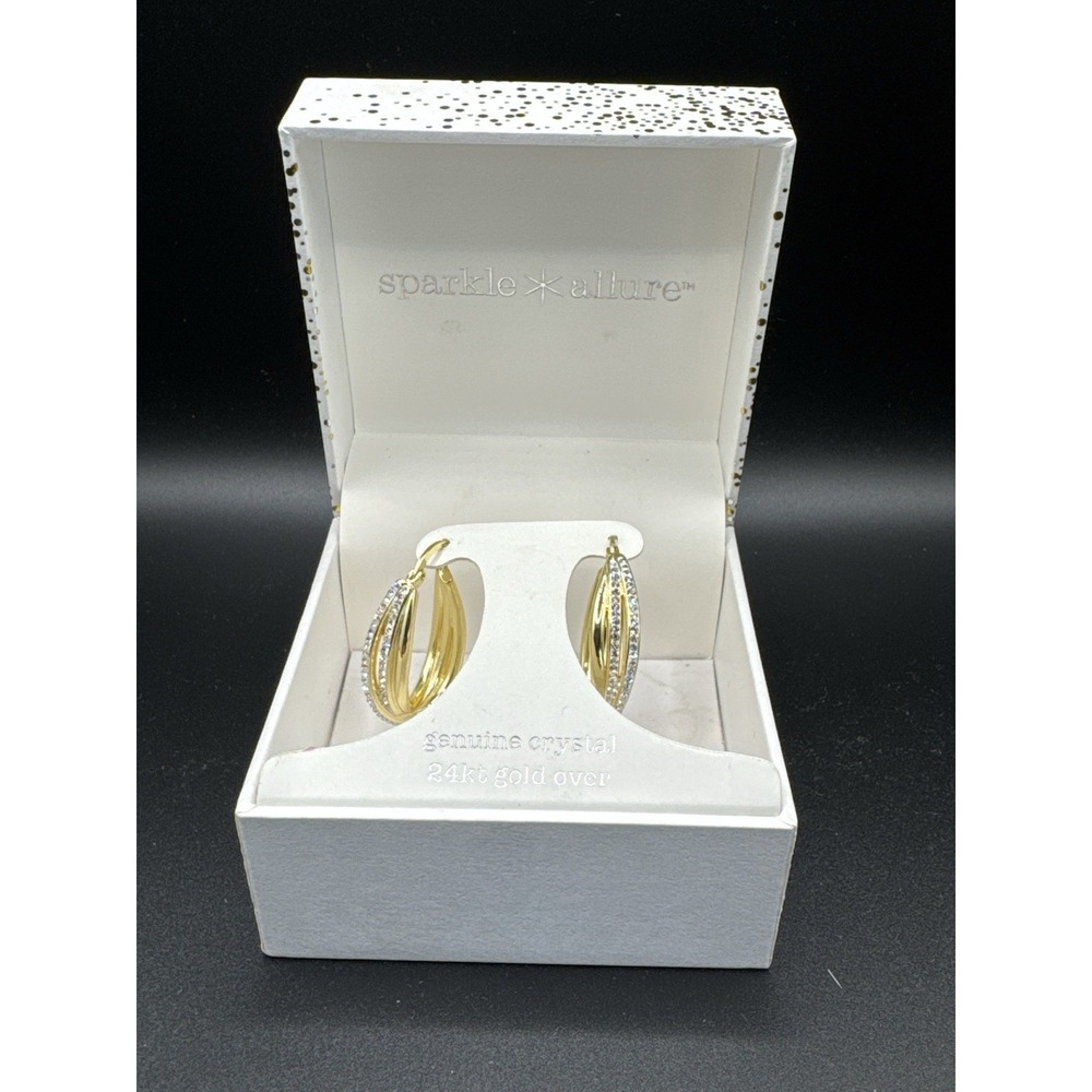 Sparkle Allure Crystal Hoop Earrings 24K‎ Gold Over Genuine Crystal w/ Box